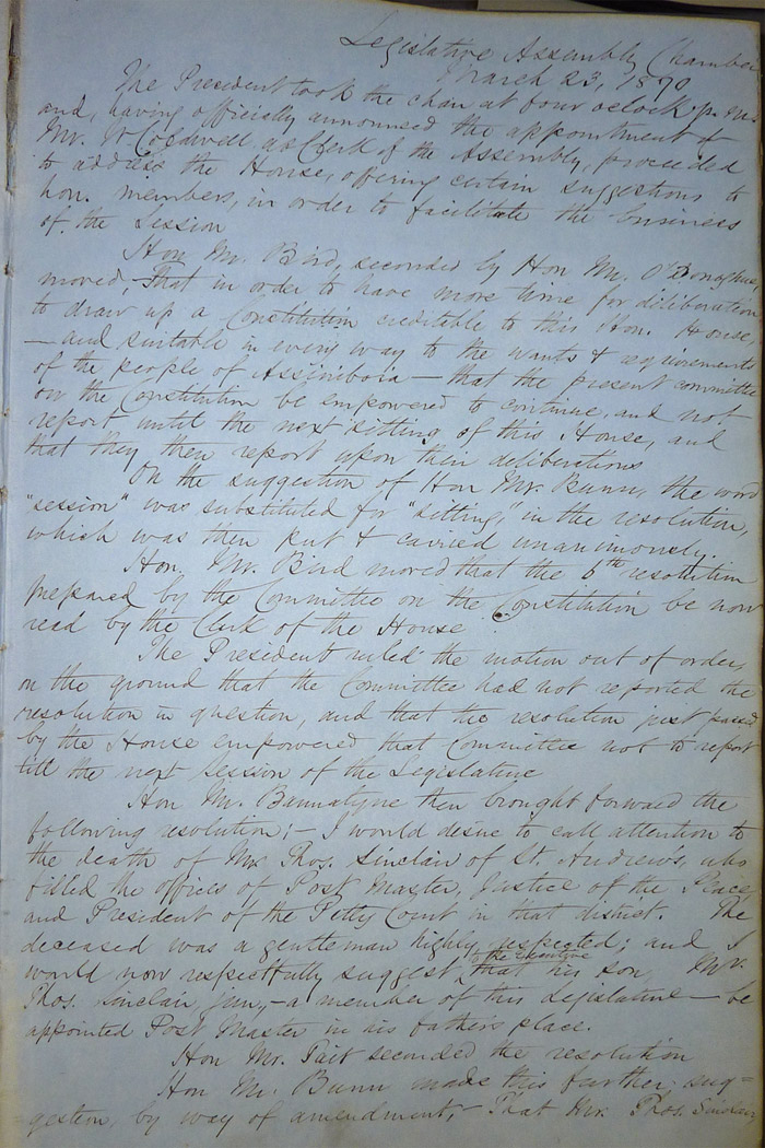 Journal de la session de l’Assemblée législative d’Assiniboia, page 1