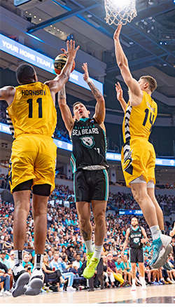 un joueur de basket-ball des Sea Bears saute pour tirer tout en vitant les membres de l'quipe adverse