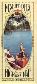 Man fishing from red boat.  Woman sitting on rock