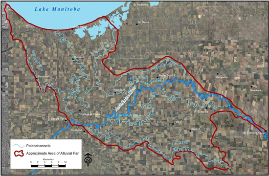 Figure 5: The alluvial fan and location of paleochannels in the lower Assiniboine River.