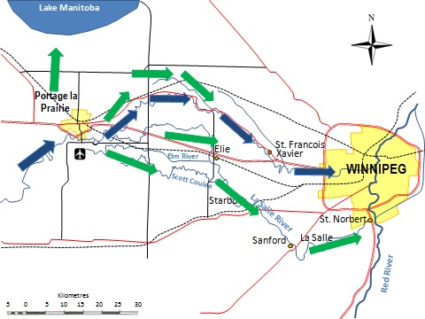 Figure 10: Schematic showing expected distribution of flows and overflows under unregulated conditions at the 2011 peak.