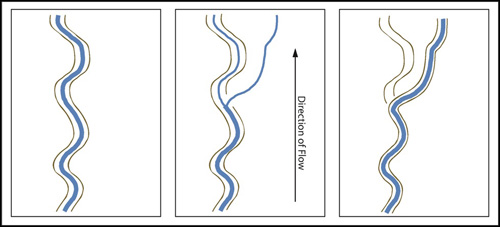 Figure 3: Formation of an alluvial ridge. Note that deposition builds up natural levees on each side of the stream as well as in the bed of the stream. 