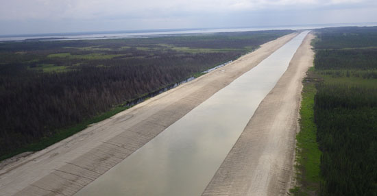 Aerial view of the Lake St. Martin Emergency Outlet Channel, looking west towards the inlet at Lake St. Martin